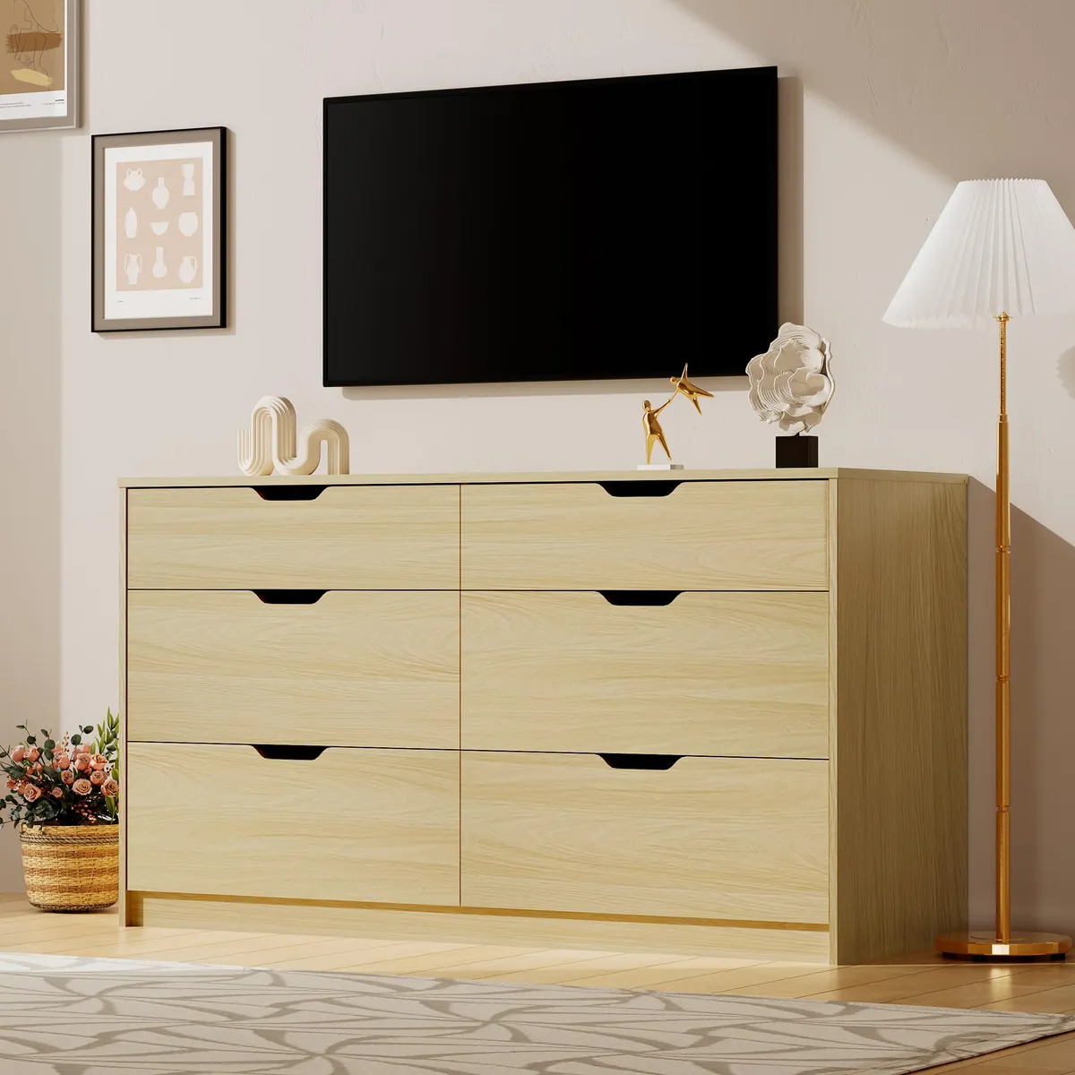 Modern 6-Drawer Dresser, Natural Oak