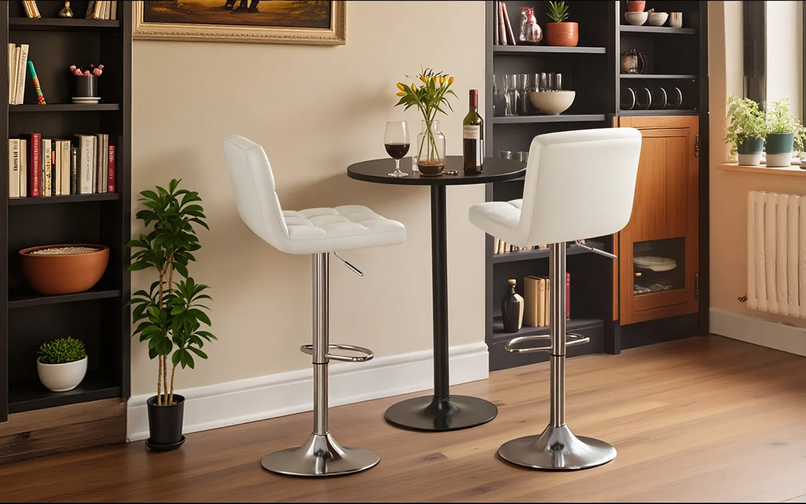 Two white swivel bar stools at a round black pub table by a bookshelf