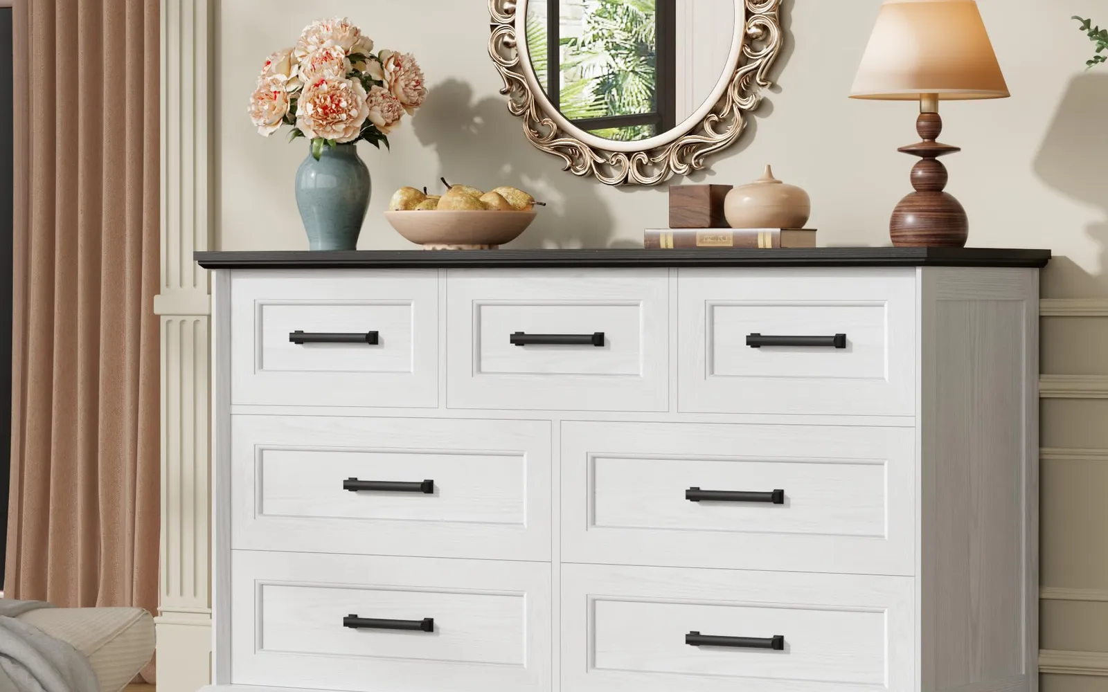 White farmhouse dresser with seven drawers under a round mirror