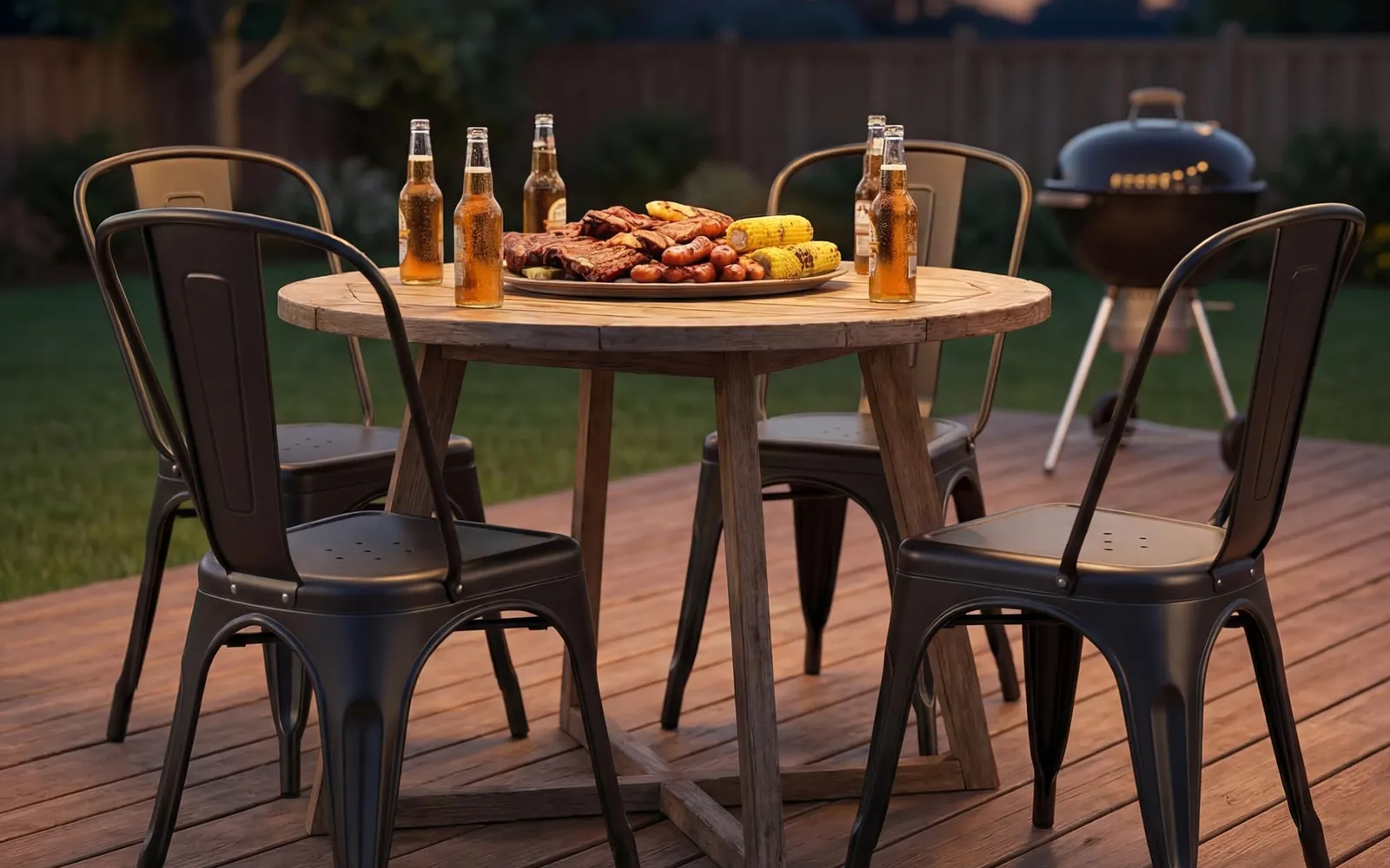 Black metal dining chairs around a round table on a deck at dusk