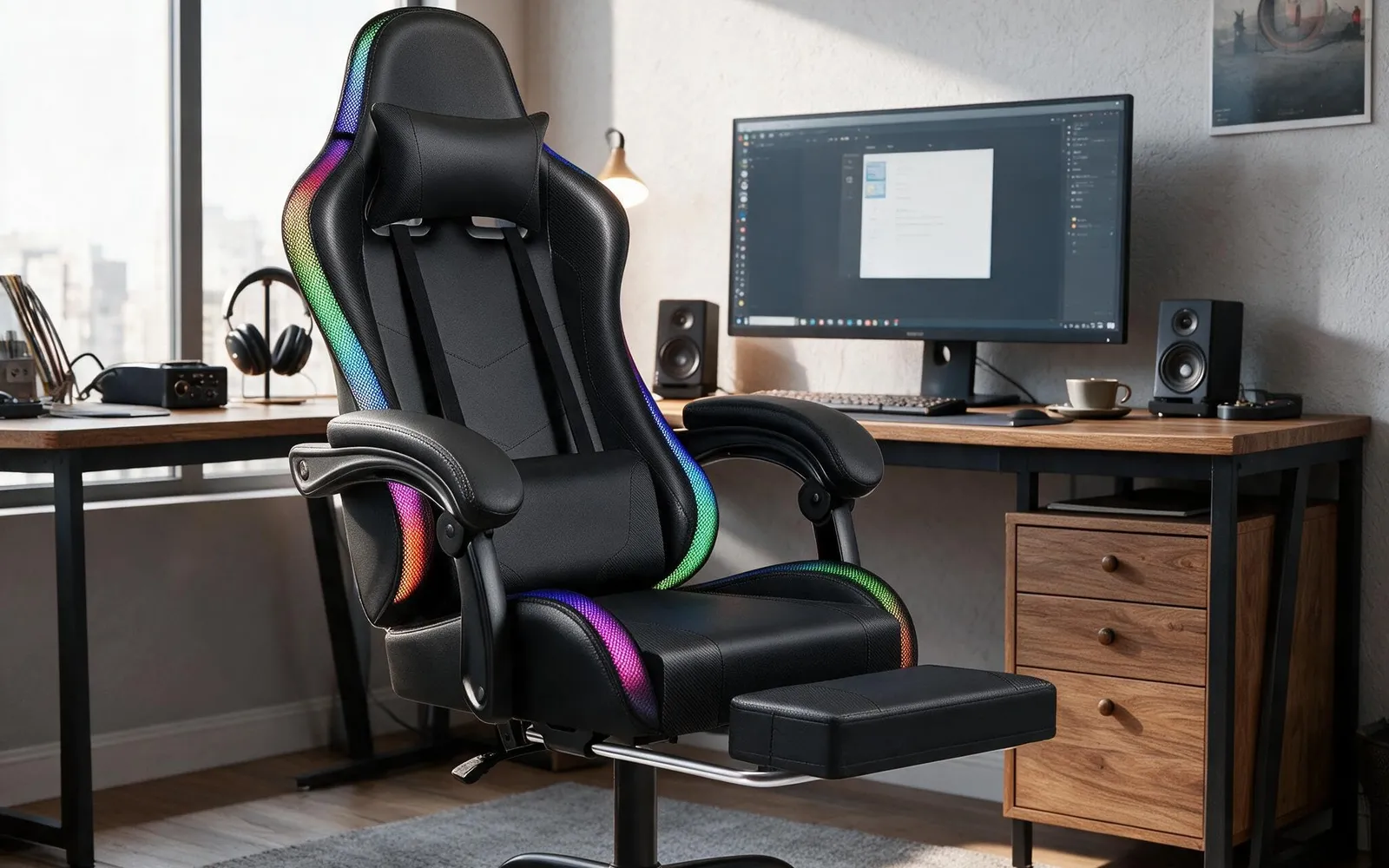Black gaming chair with lit side panels and a footrest at a desk by a window