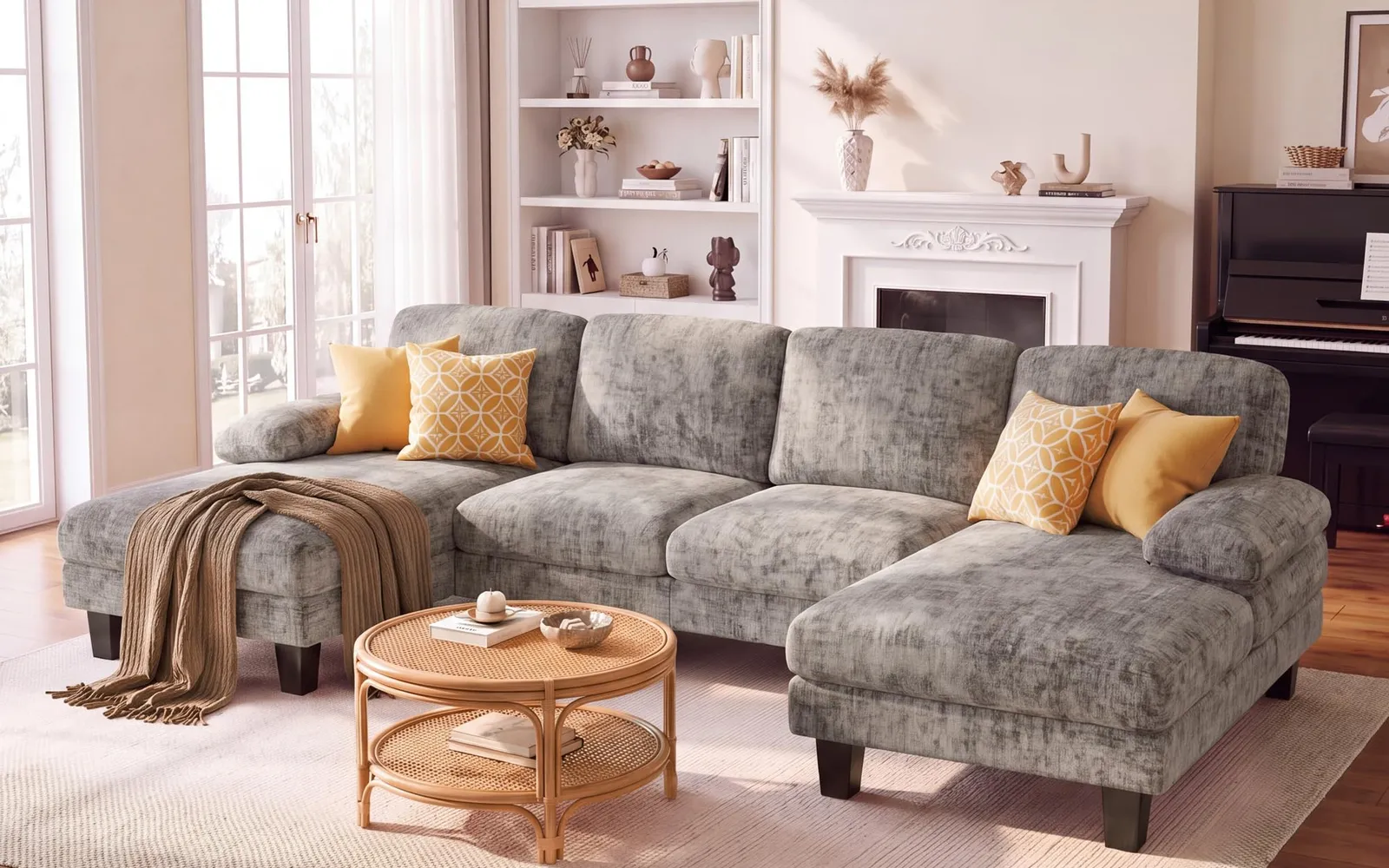 U-shaped chenille sectional sofa in a living room