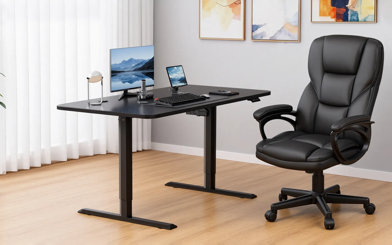 Black electric standing desk and a padded executive chair in a bright home office