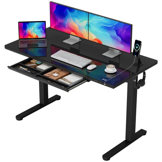Glass Standing Desk with Drawers
