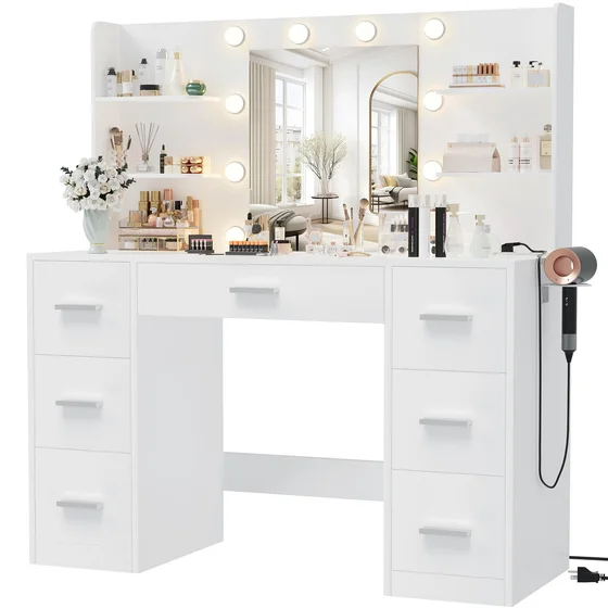 Vanity Desk with LED Mirror, 7 Drawers