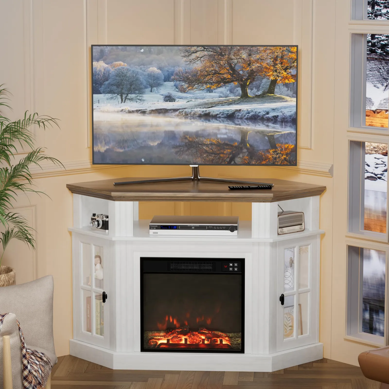 Furmax Corner Fireplace TV Stand, Antique White, in a room