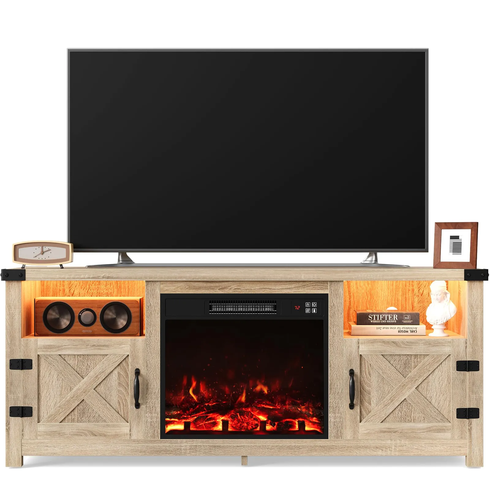 Furmax Farmhouse Fireplace TV Stand, Light Oak, 18 in fireplace, product photo